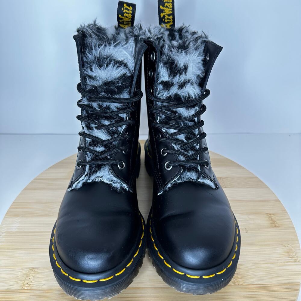 Dr. Martens 1460 Serena Faux Fur Lined Lace Up Boots Soft Black Leather Size 5
